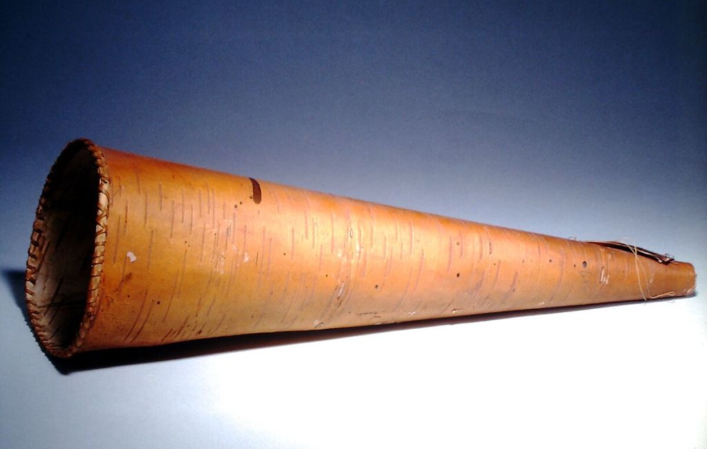 A Mi'gmaw moose call made of birch bark, 19th century, at the Met.